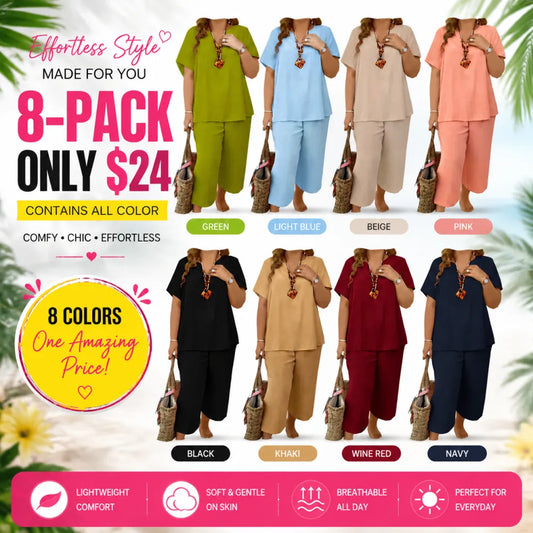 Women's Solid Short Sleeve Top & Loose Wide Leg Pants 2-Piece Set